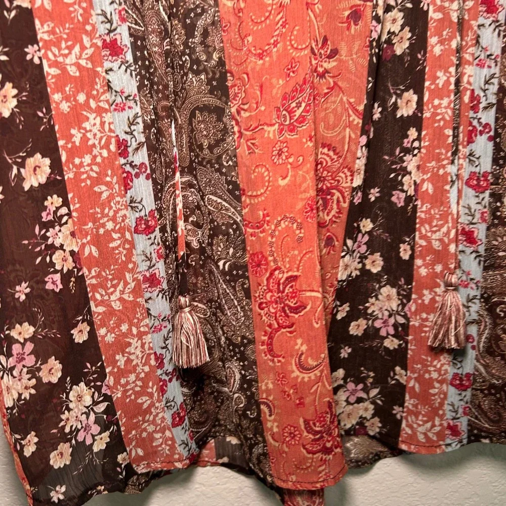 Black Tape Womens Plus 1X Boho Patchwork Paisley Floral Tassel Blouse Orange - Picture 3 of 6